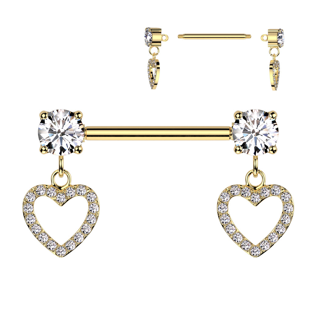 14G Surgical Steel Nipple Barbell With Heart Dangles (14MM)